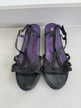 Vaneli Black Embossed Leather Strappy Wedge Sandals Size 10M